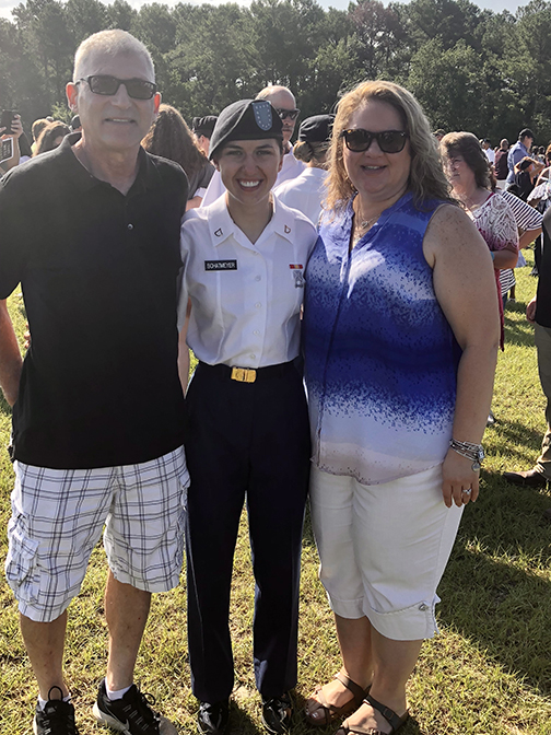 Kylie Schatmeyer at BCT (Basic Combat Training) Graduation with parents (Jim and Annette Schatmeyer) at Fort Jackson, South Carolina (July 2018).